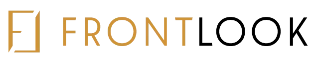 Logotyp marki FRONTLOOK ze złotym napisem FRONT, czarnym napisem LOOK oraz geometrycznym symbolem litery F po lewej stronie.